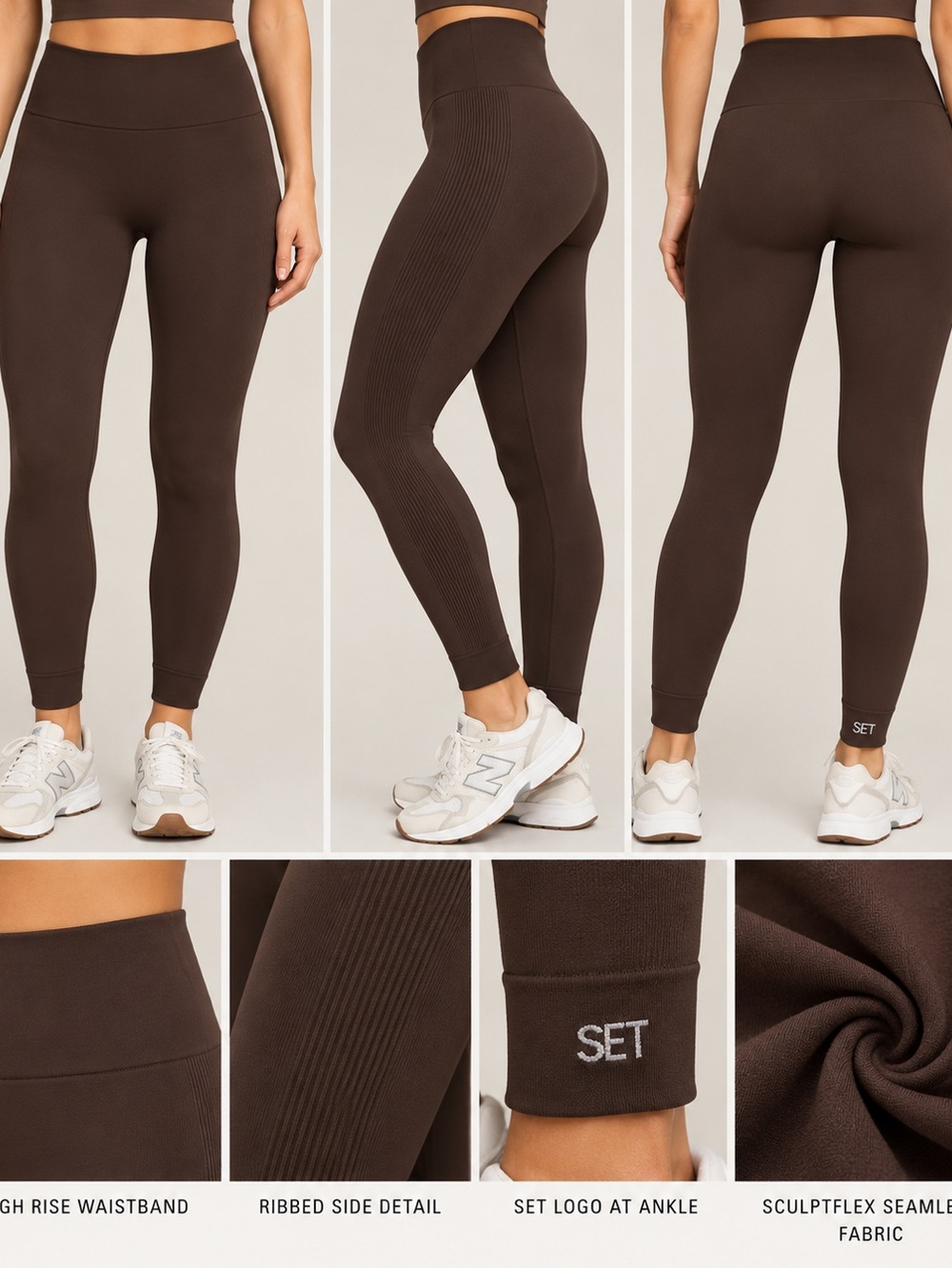 SET Active Sculptflex Leggings Brown Chocolate High Rise Ribbed Size S